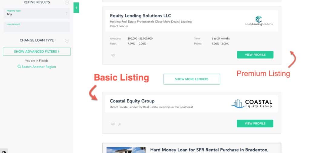 basic listing on Private Lender Link
