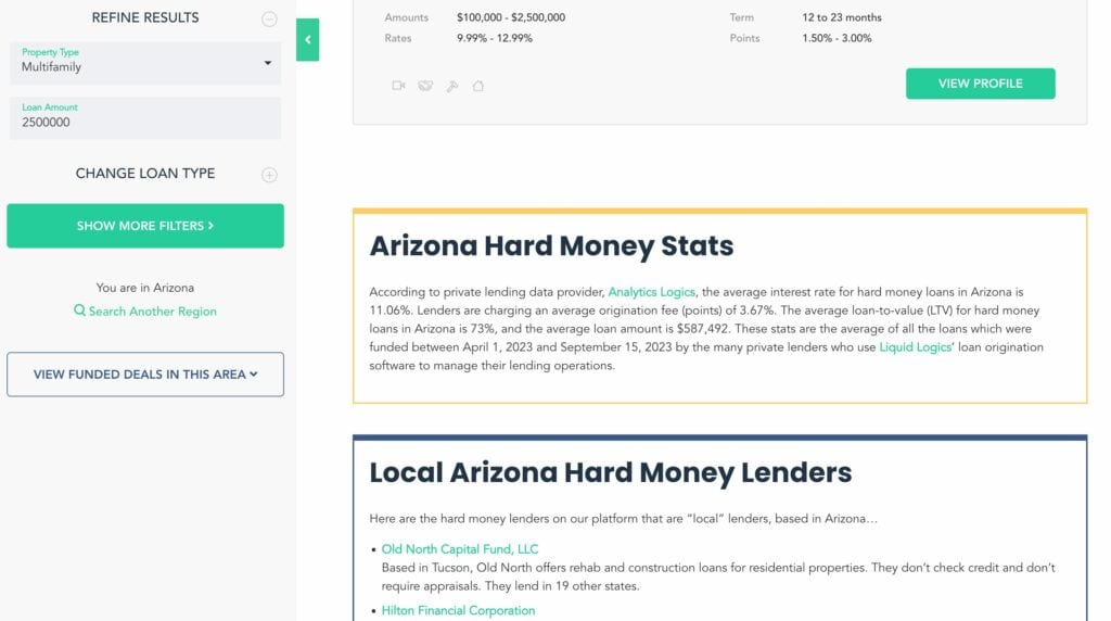 screenshot of Arizona hard money loan stats